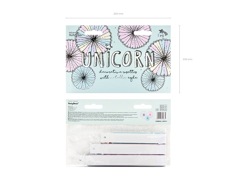 Ventagli di carta colorati Unicorno Set 21-30cm 3 pezzi