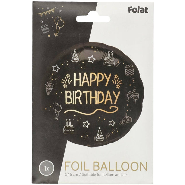 Palloncino a elio Happy Birthday Nero Oro Vuoto 45cm