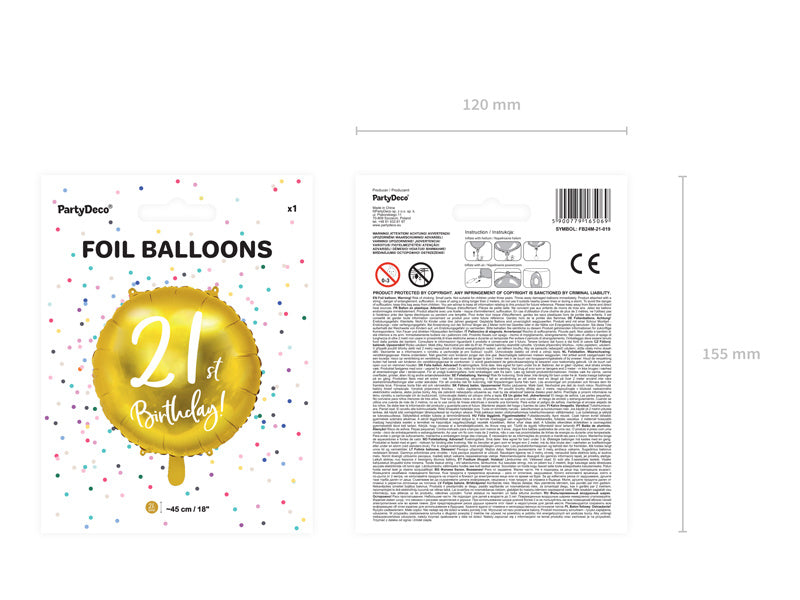 Palloncino ad elio 21° compleanno oro vuoto 45 cm