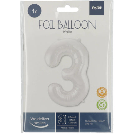 Palloncino Foil Figura 3 Bianco Opaco XL 86cm vuoto