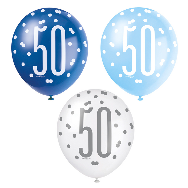 Palloncini 50 anni a pois blu 30 cm 6 pezzi