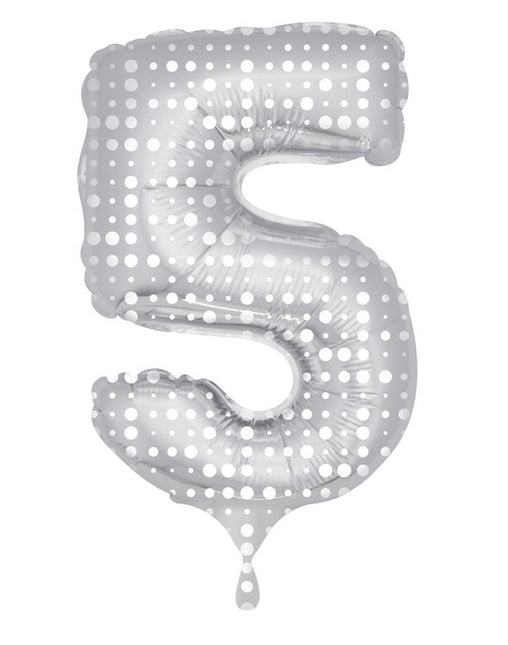 Palloncino in foil Numero 5 Silver Dots XL 86cm vuoto