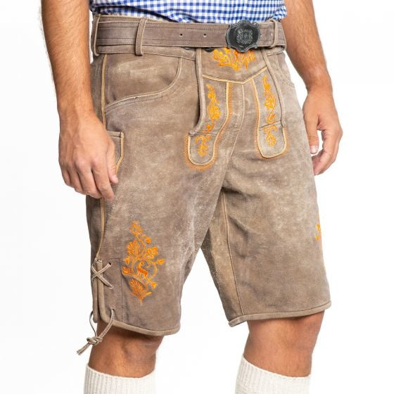 Lederhose in pelle corta arancione e cintura