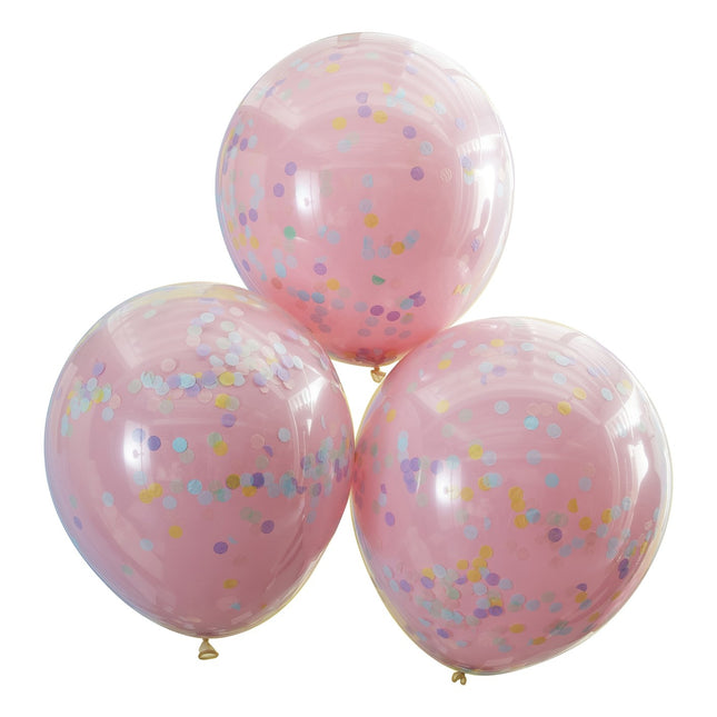 Palloncini rosa con coriandoli pastello a doppio strato 45 cm 3 pezzi