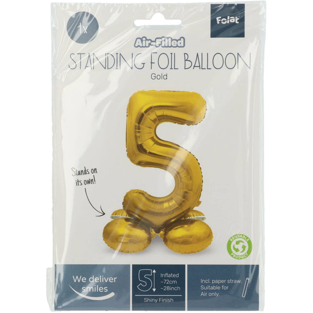 Pallone in foil Figura 5 Oro con supporto 72 cm