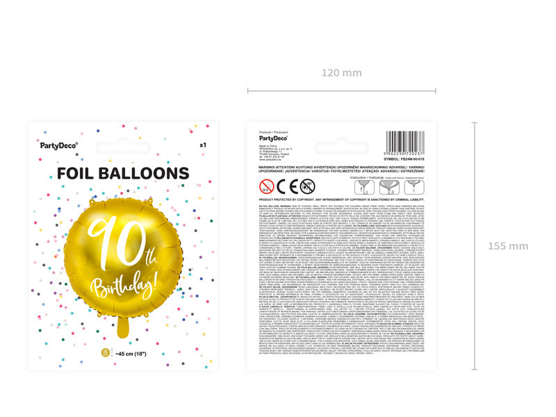 Palloncino ad elio 90° compleanno oro vuoto 45 cm