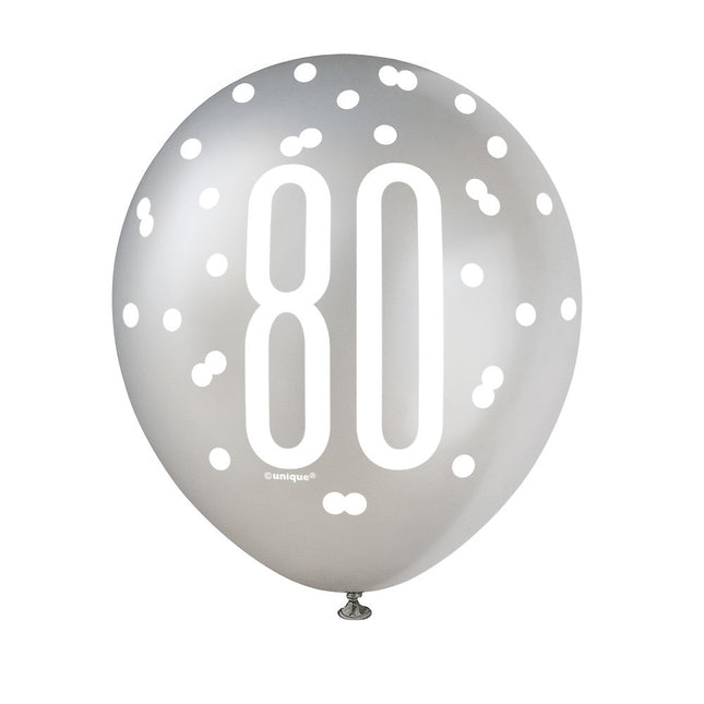 Palloncini 80 anni a pois neri 30cm 6pz