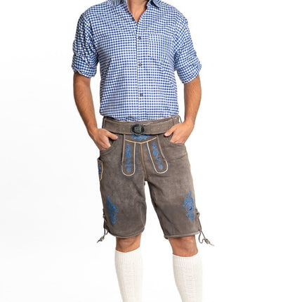 Lederhose in pelle corta blu e cintura