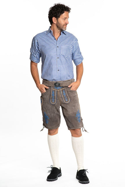 Lederhose in pelle corta blu e cintura