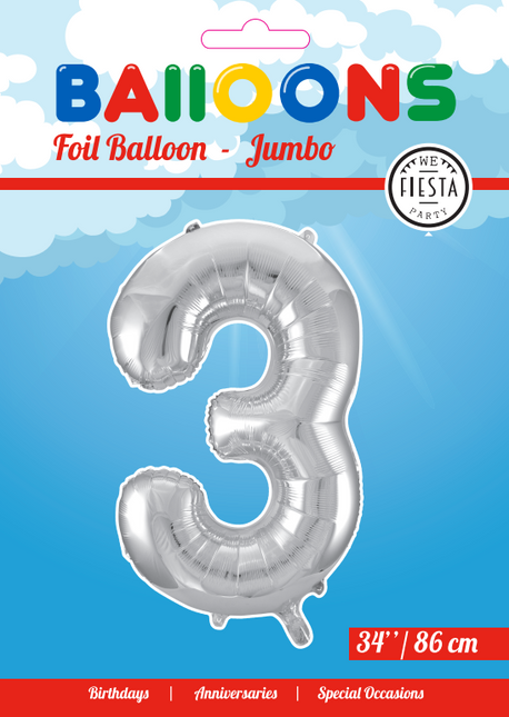 Palloncino Foil Figura 3 Silver XL 86cm vuoto