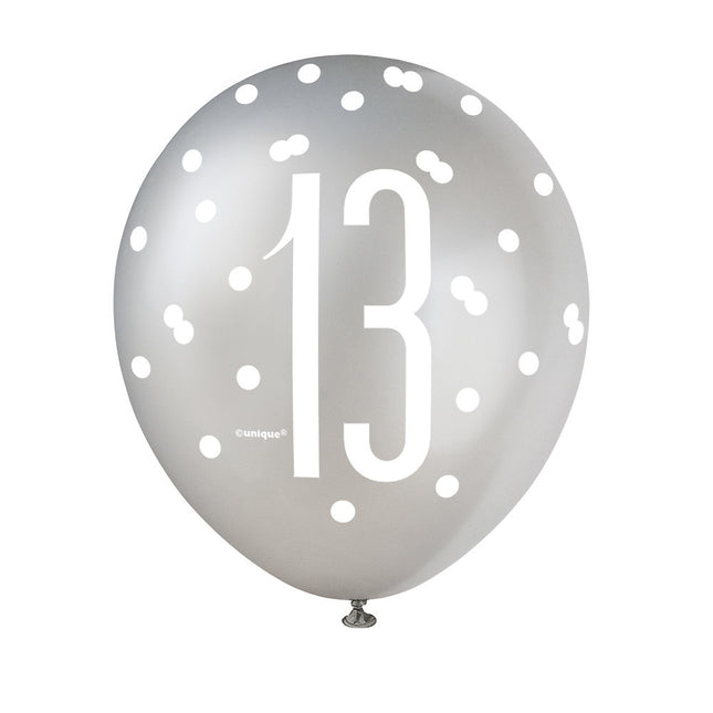 Palloncini 13 anni a pois neri 30cm 6pz