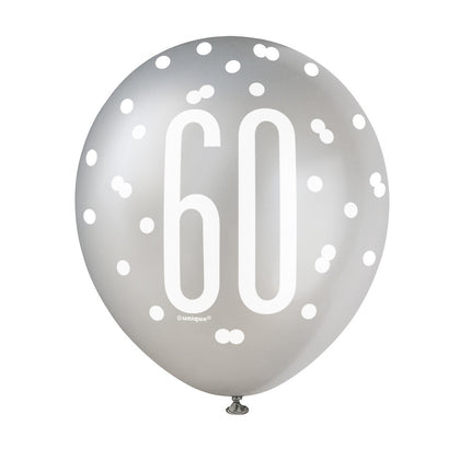 Palloncini 60 anni a pois neri 30cm 6pz