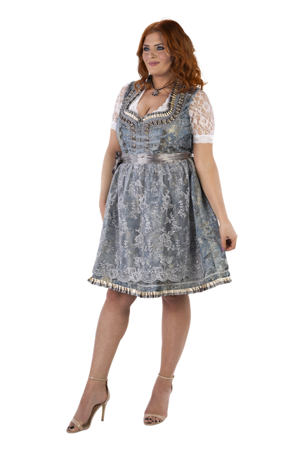 Dirndl 2-dlg blu antico/grigio argento, grembiule in pizzo