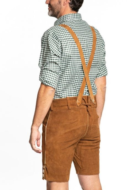 Lederhose in pelle corta marrone e bretelle