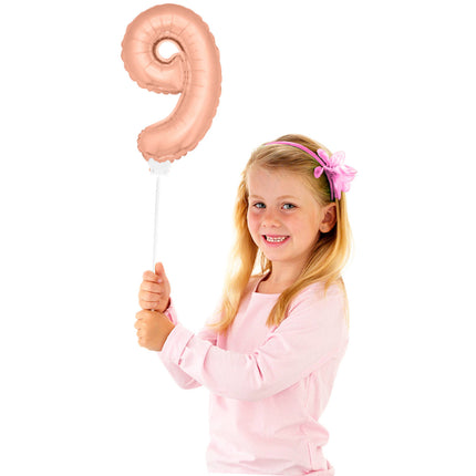 Palloncino in foil Figura 9 Oro Rosa 36 cm con bastoncino