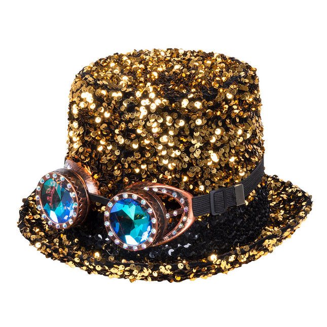 Cappello d'oro glitterato con occhiali