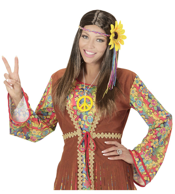 Parrucca Hippie 60S marrone con cerchietto girasole