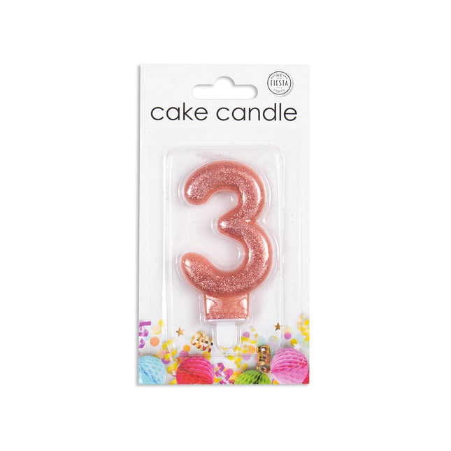 Candela 3 anni oro rosa glitterato 7 cm