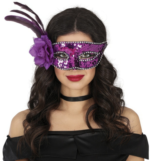 Maschera occhi veneziana con paillettes viola