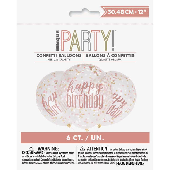 Palloncini con coriandoli Happy Birthday Rose Gold 45cm 6pz