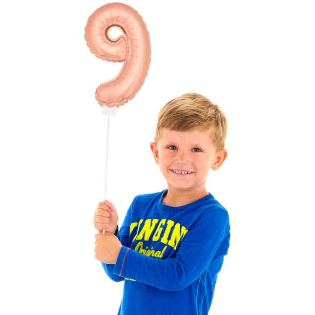 Palloncino in foil Figura 9 Oro Rosa 36 cm con bastoncino