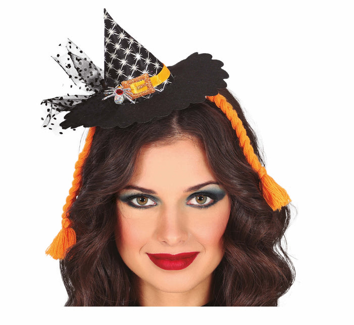 Cerchietto Halloween Mini Cappello Strega Trecce Arancione