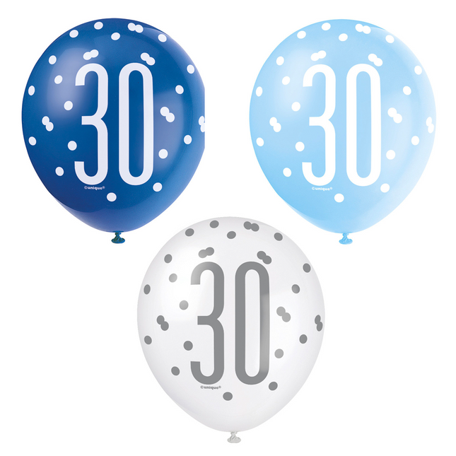 Palloncini 30 anni a pois blu 30 cm 6 pezzi