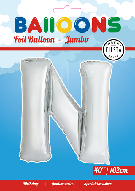 Palloncino in foil Lettera N Argento XL 102cm vuoto