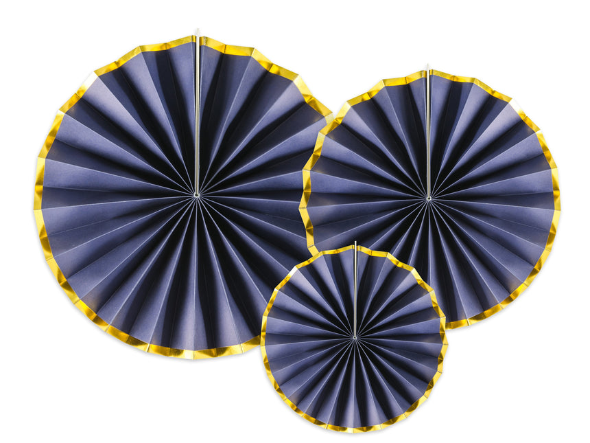 Ventagli di carta blu scuro oro Set 23-40cm 3 pezzi