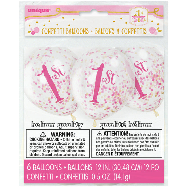 Palloncini a coriandoli 1 anno rosa 30cm 6pz