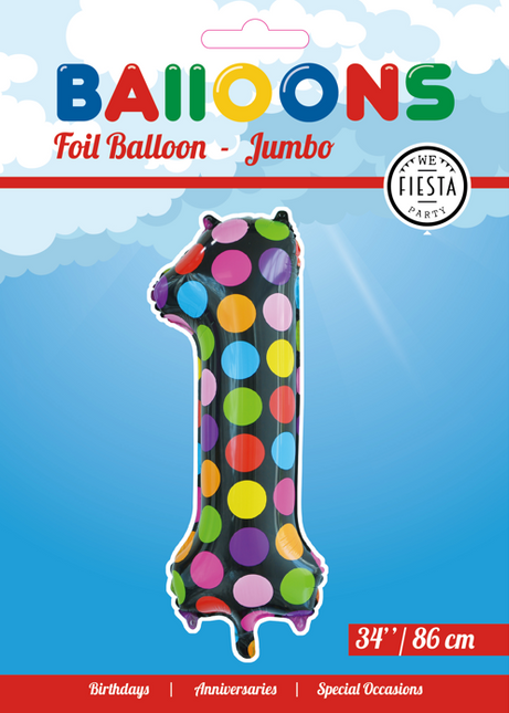 Palloncino in foil Numero 1 a pois XL 86 cm vuoto