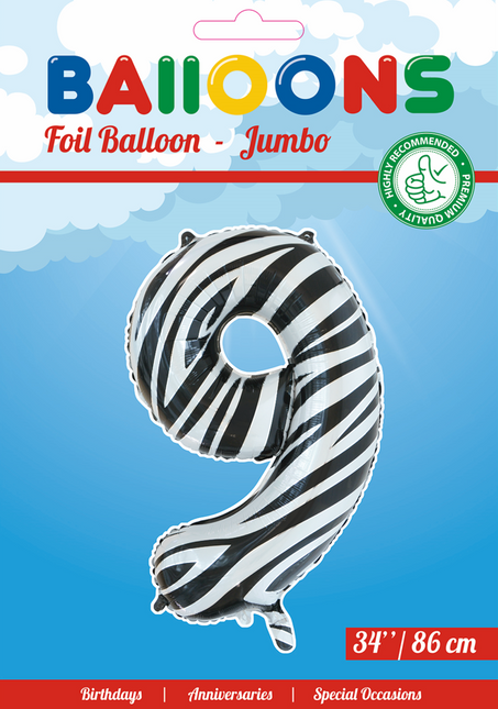 Palloncino in foil Figura 9 Zebra XL 86cm vuoto