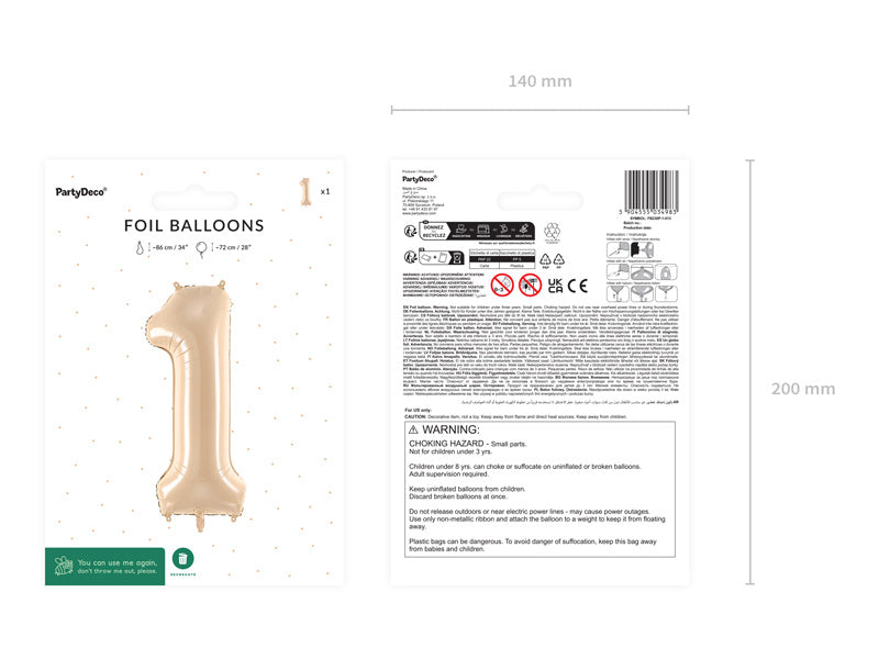 Palloncino in foil Numero ''1'', 72 cm, beige