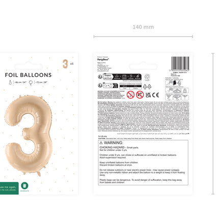 Palloncino in foil numero ''3'', 72 cm, beige