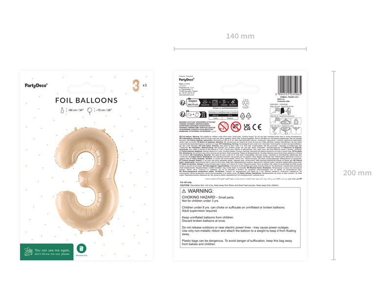 Palloncino in foil numero ''3'', 72 cm, beige