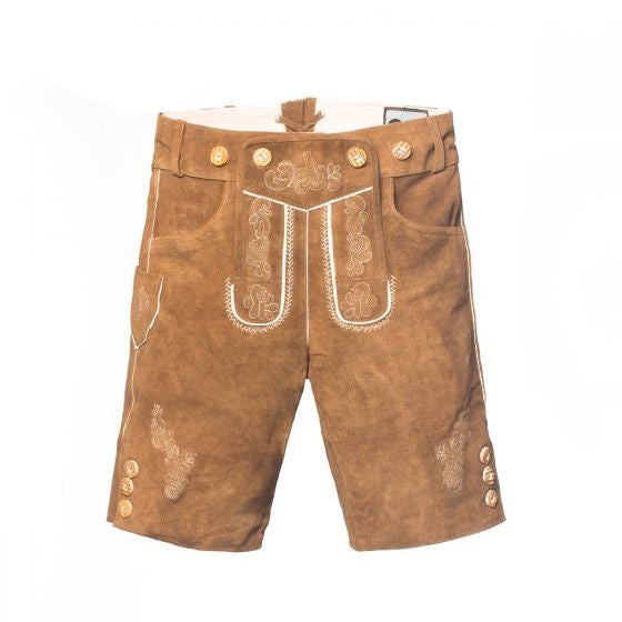 Lederhose in pelle corta marrone e bretelle