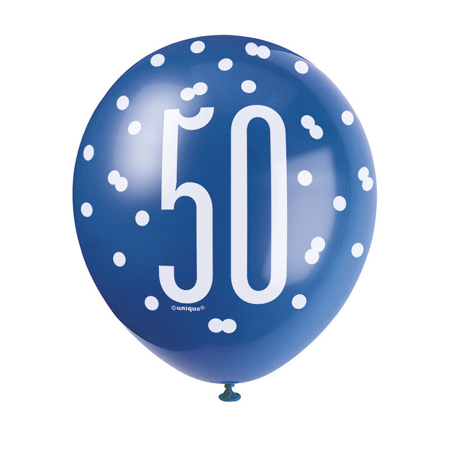 Palloncini 50 anni a pois blu 30 cm 6 pezzi