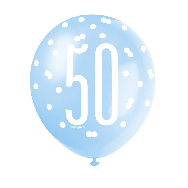 Palloncini 50 anni a pois blu 30 cm 6 pezzi