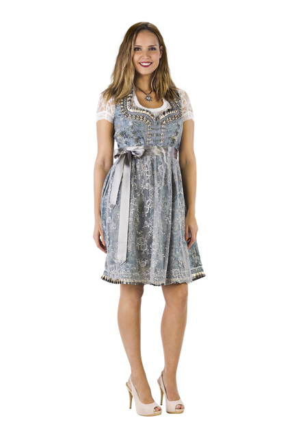 Dirndl 2-dlg blu antico/grigio argento, grembiule in pizzo