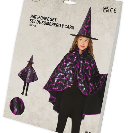 Halloween Verkleedset Kind Heksen Cape En Hoed 50cm - Partywinkel - 8434077190104